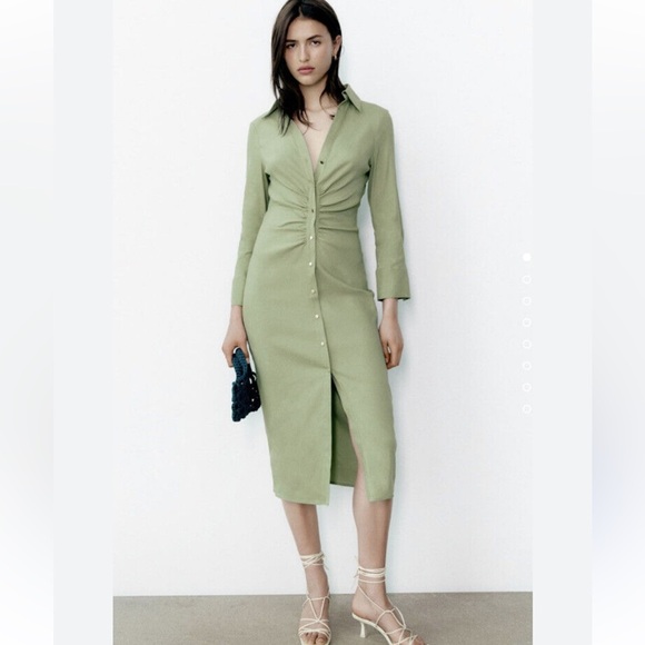 NWT Zara Gathered Linen Blend Shirt Dress S Green Gold Buttons - Picture 1 of 12